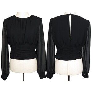 Gabrielle Union NY & Co Black Shirred Waist Long Sleeve Chiffon Blouse Sz Small